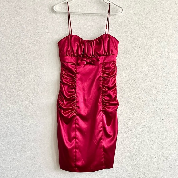 Y2K Vintage Burgundy Red Satin Bow Knee Length Evening Dress Size 11 - Picture 2 of 9